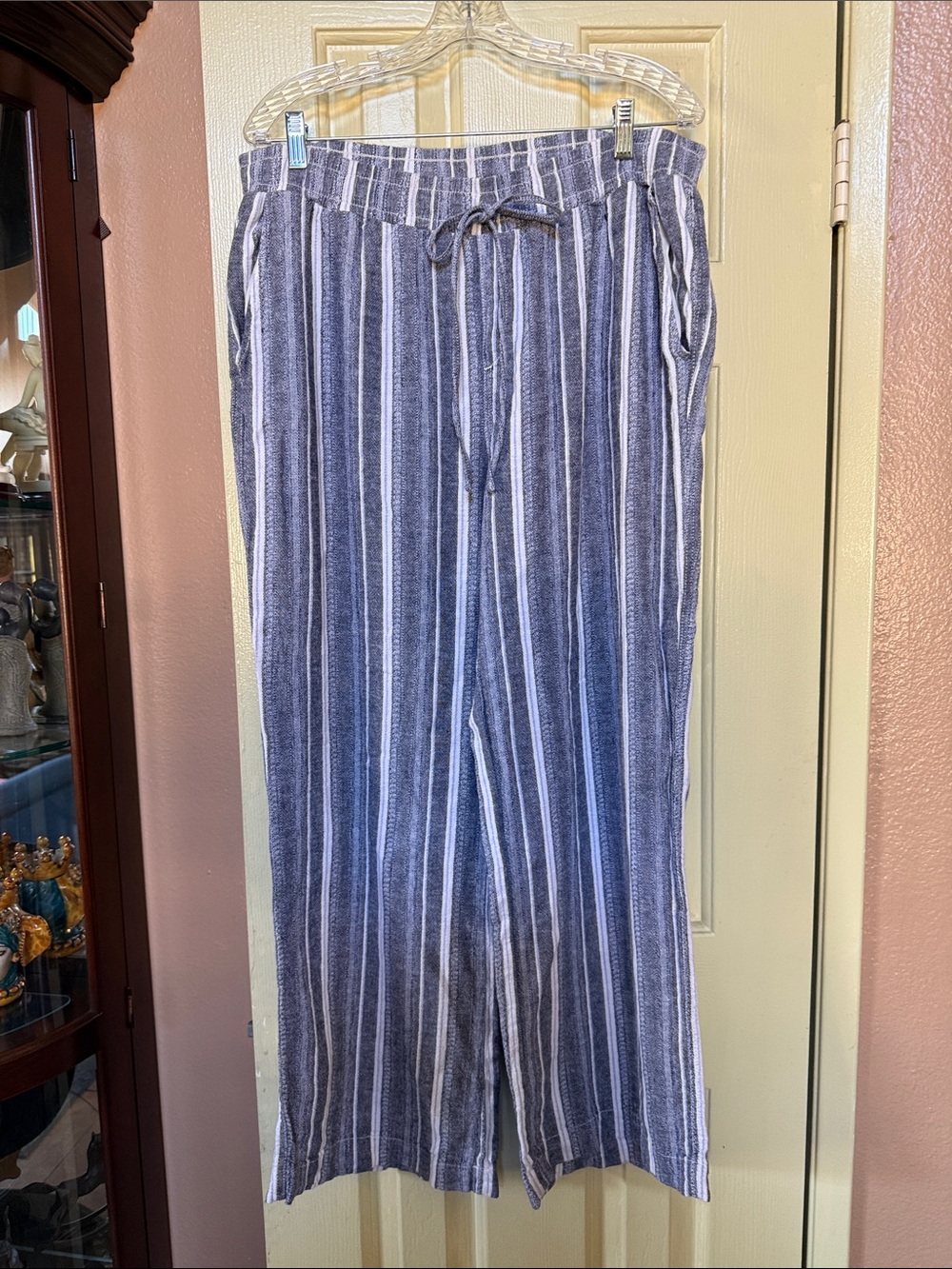 Blue and White Vertical Stripe Linen-Blend Pants